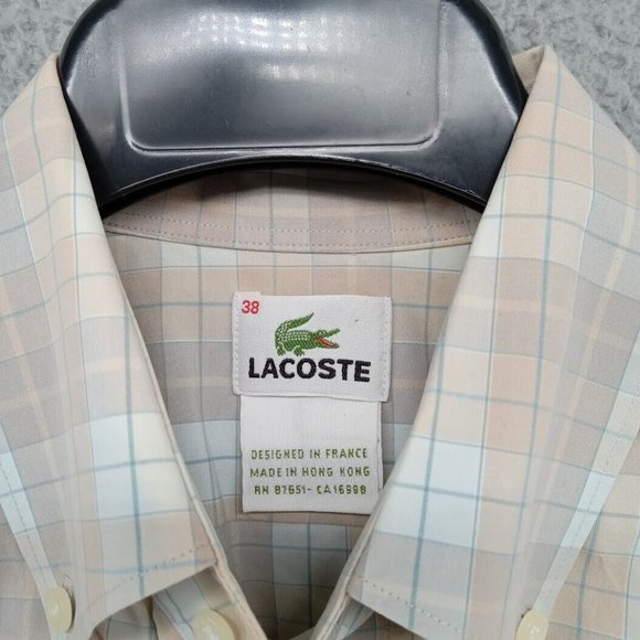 Lacoste Shirt Mens Size 38 Medium Beige Tan Blue Windowpane Check Button Down - Picture 3 of 7
